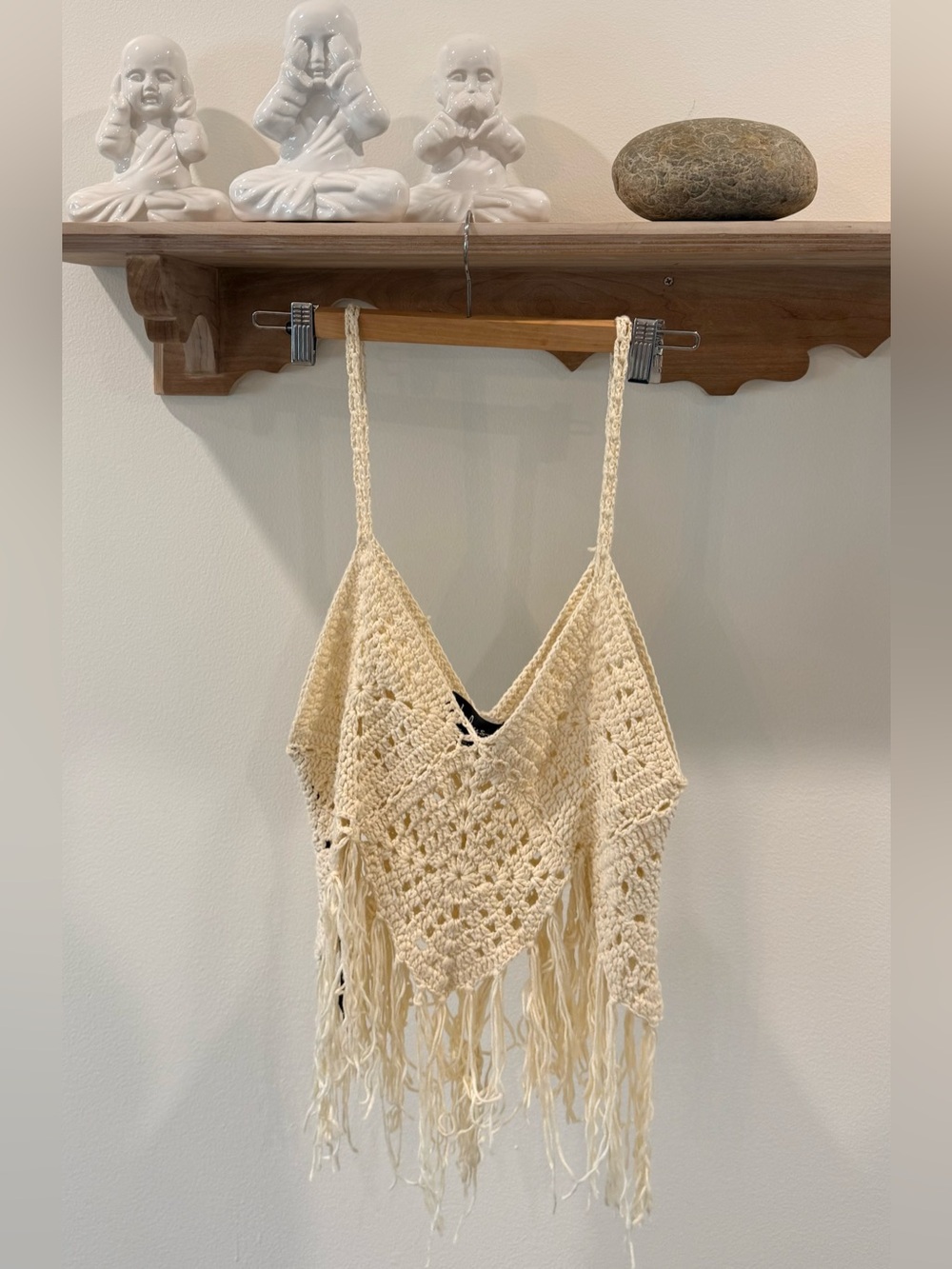 Lulus Great Escape Cream Crochet Fringe Halter Crop Top Boho Festival Size M
